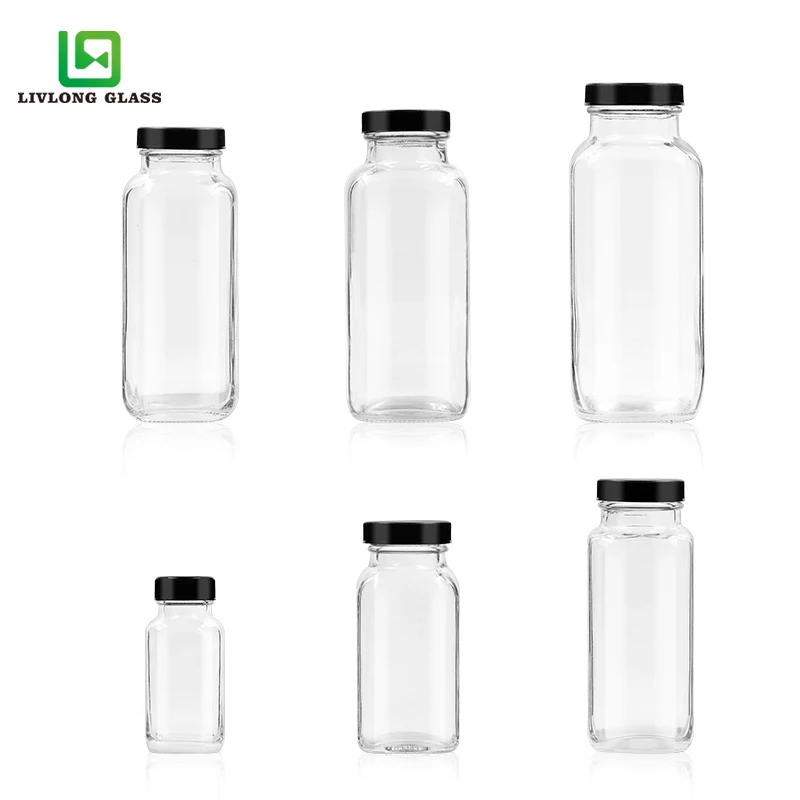 8 oz Clear Glass French Square Bottle with Black Lid