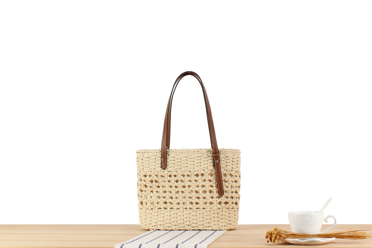 2024 Women's Handmade Summer Woven Straw Tote Bag with Leather Handles ...