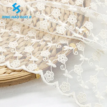 Fashion wholesale yarn flower embroidered cotton Nylon lace mesh fabric