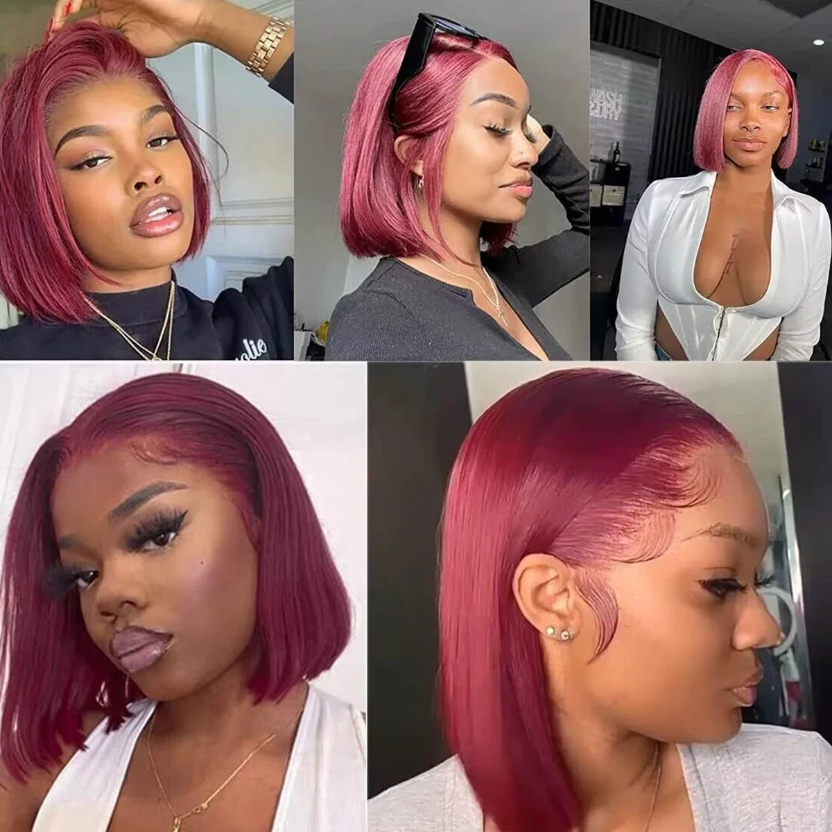 Burgunder Lace Front Echthaar Bob Perücke Remy Haar Vorgestylt_voghion.com