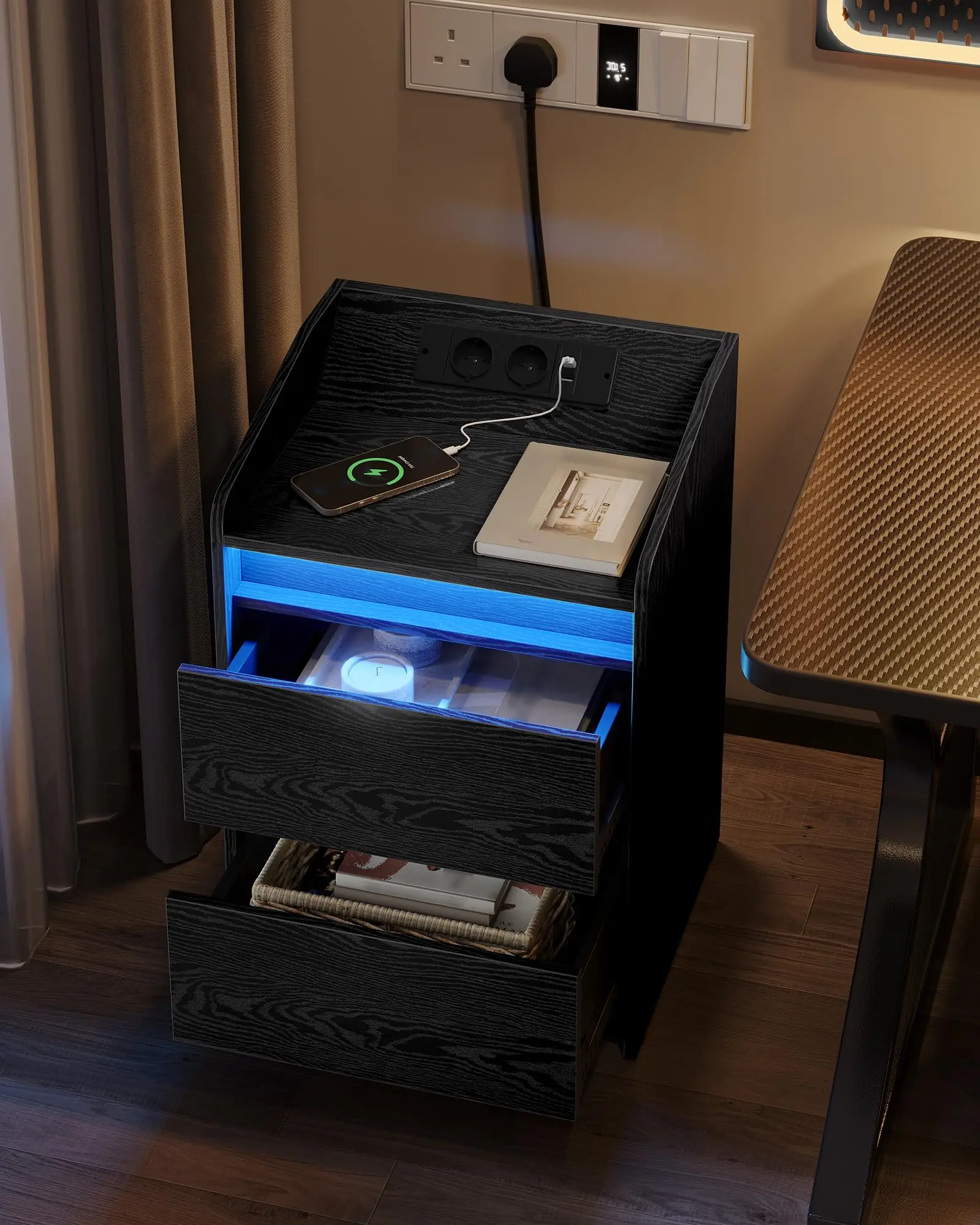 Modern Adjustable Height Bedside Table Ergonomic Wooden Furniture with Hidden Compartment Bedroom Living Room Hotel Apartment