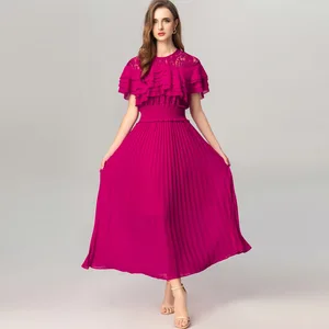 Factory Wholesale Fashion Lace Crochet Stitching Pleated Women O-Neck Short Sleeve Ruffled Princess Empire Waist Party Dress