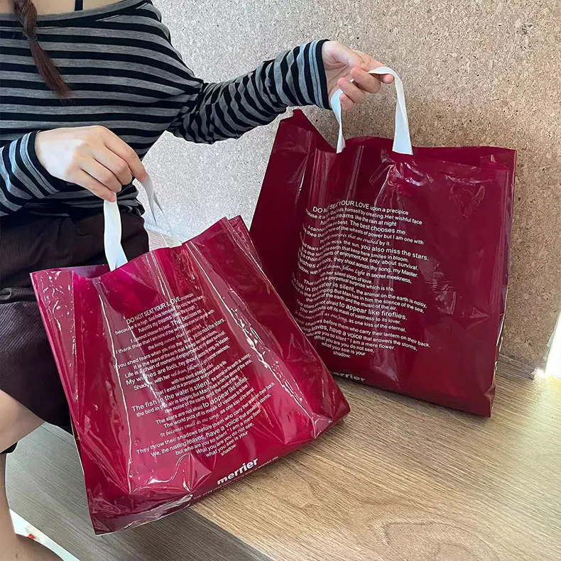 product custom thick hdpe plastic packaging bags with die cut handle convenient carrier shopping bag for supermarket  exhibition-1
