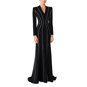 Customize WHOLESALE Newest Designer High Street Fashion Women's Autumn Winter Formal Long Sleeve Appliques Beading Maxi Dress