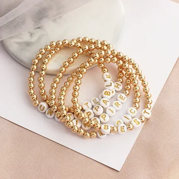 Custom Handmade DIY Fashion Beads Bracelet High Polished Gold Inspired Beaded Stretch Letter Bead Bracelet Jewelry
