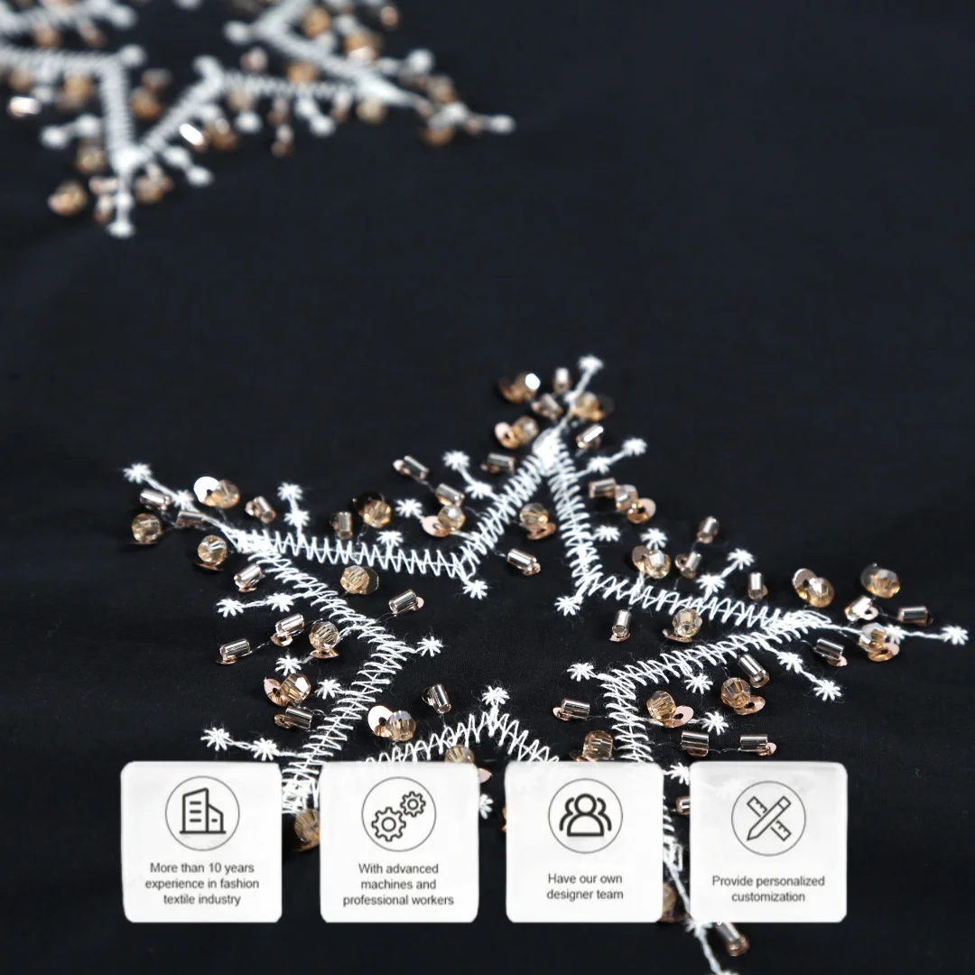 Artistic Tube-Embroidered in Classic Black with Gold Stars Tailored for Tops & Skirts Customized Cotton Embroidery Fabric