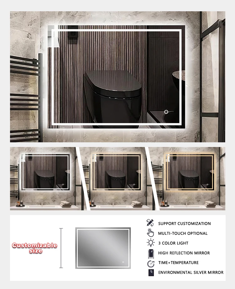 saacertified anti fog touch switch wall decor mirror defogging led mirror illuminated smart bathroom mirror with led light543-4