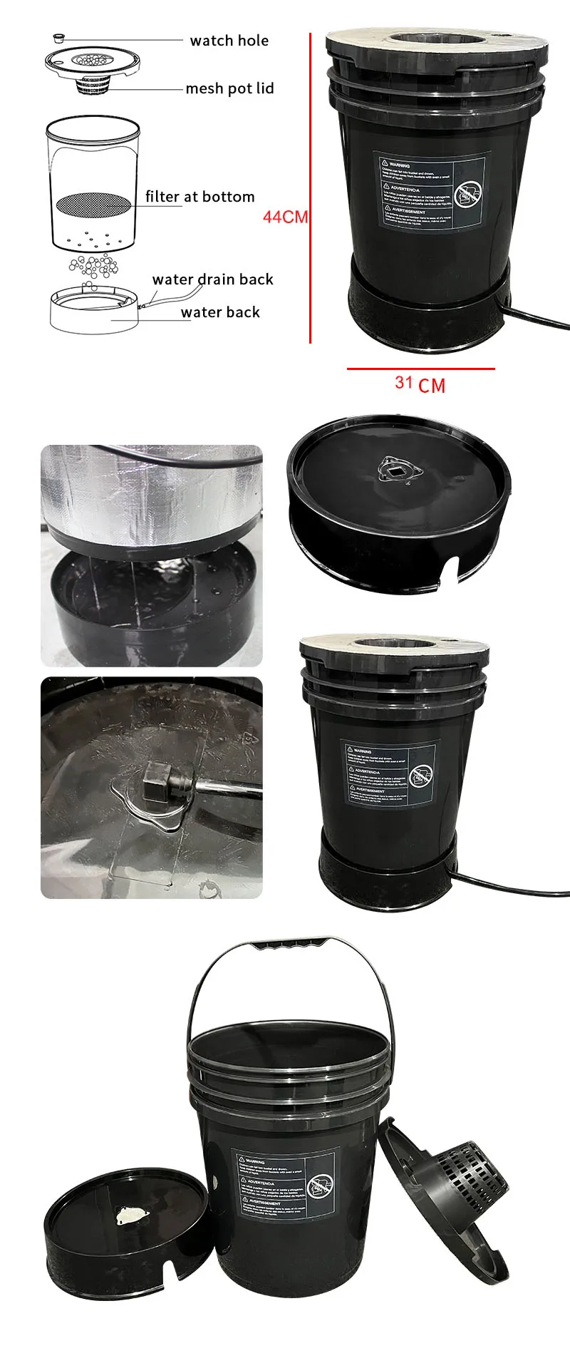 Recirculating Aeroponics System 6pcs 5 Gallon Round Bucket. Cloner