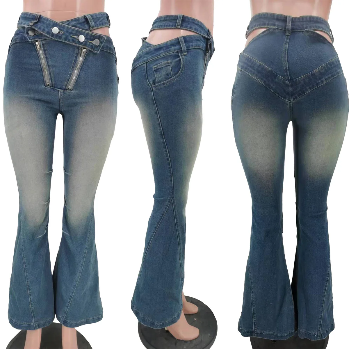 New Trendy Women's Jeans Casual Stretch Hollow Out Zipper Slim Fit ...