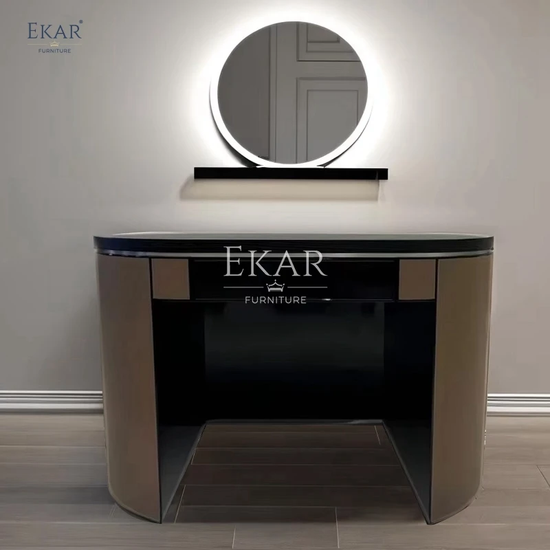 product modern sleek oval wood vanity table with standing mirror stylish dresser bedroom spaces hotel apartment use featuring storage-59