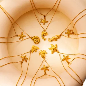 Wholesale 18K Gold Plated Stainless Steel Buddhism Link Chain Starfish Pendant Necklace Shell Shape Women's Trendy Jewelry