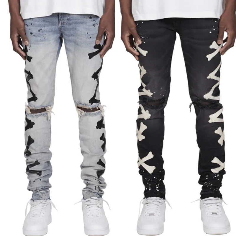 Young Fashion Destroyed Cargo Style Uomo Skinny Fit Men Jeans Tubo Pantaloni 