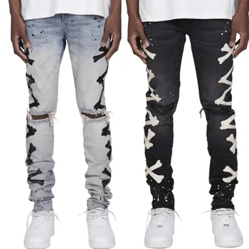 Streetwear Print Men's Ripped Jeans Pants Denim Slim Fit Trousers Paint Damage Hole Man Jeans Custom LOGO