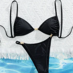2026 Simple Ins Style Sexy Bikini 2-Piece Set Solid Color Quick Dry Plus Size Bandeau Bra Waist Export Manufacturer Wholesale