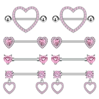 4Pair/Set Pink Zirconium Stainless Steel Heart-Shaped Breast Ring Set Ladies Y2K Nipple Ring Piercing Barbell Jewelry Daily Wear