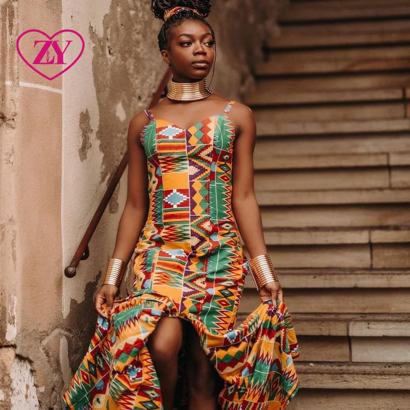 Traditional African Kente Print Spaghetti Strap Dress for Women - Ziyang  Apparel African Ethnic Pattern High-Low Dress
