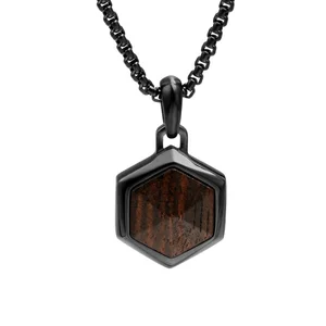 Trendy Charming 316 Stainless Steel with Ebony Wood Inlay Hexagon Men Necklace Pendant