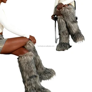 BUSY GIRL RS9253 Women's Winter Fur Boots 2026 Women's Grey Faux Fur Knee-High Boots Warm Winter for Party & Daily Chic Outfits