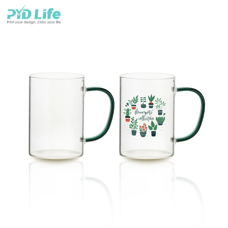 12oz/360ml Glass Mug w/ Green Handle(Clear)  PYD Life - Stainless Steel  Bottles,Tumblers,Mugs & Custom Print