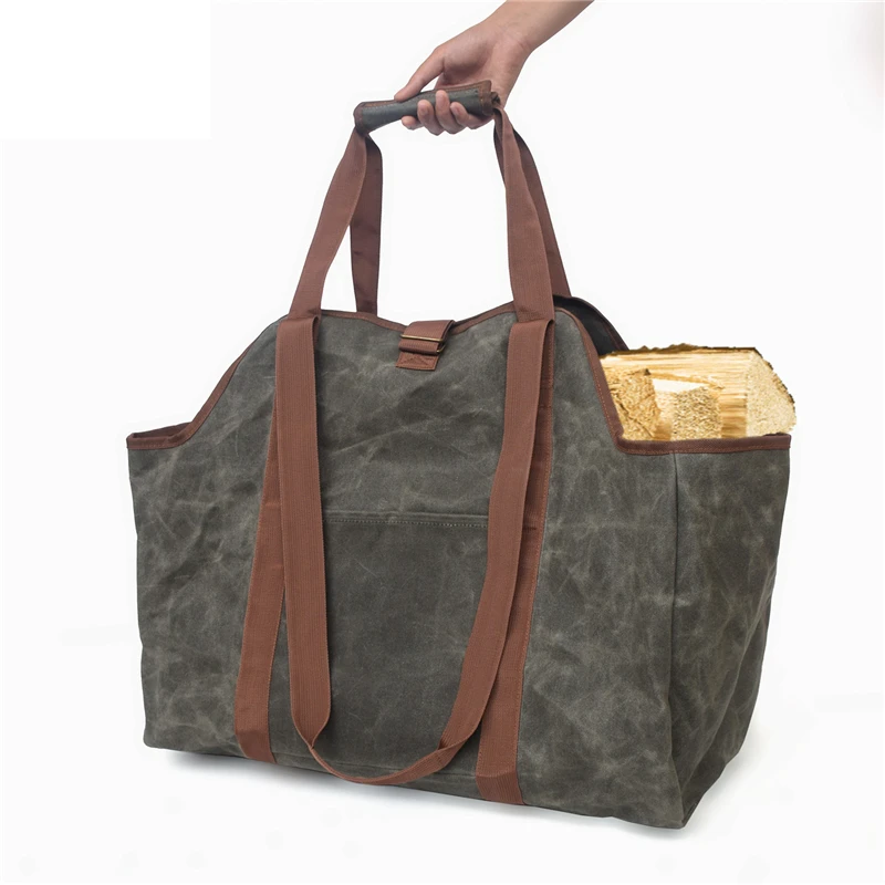 Waxed canvas firewood bag wood storage bag outdoor large capacity tote bag