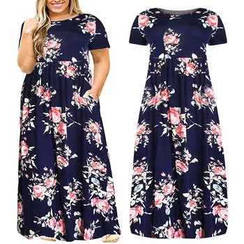 European and American 2024 Summer Women's Dress Short Sleeve Round Neck Solid Color Plus Size Print Long Ladies Dress