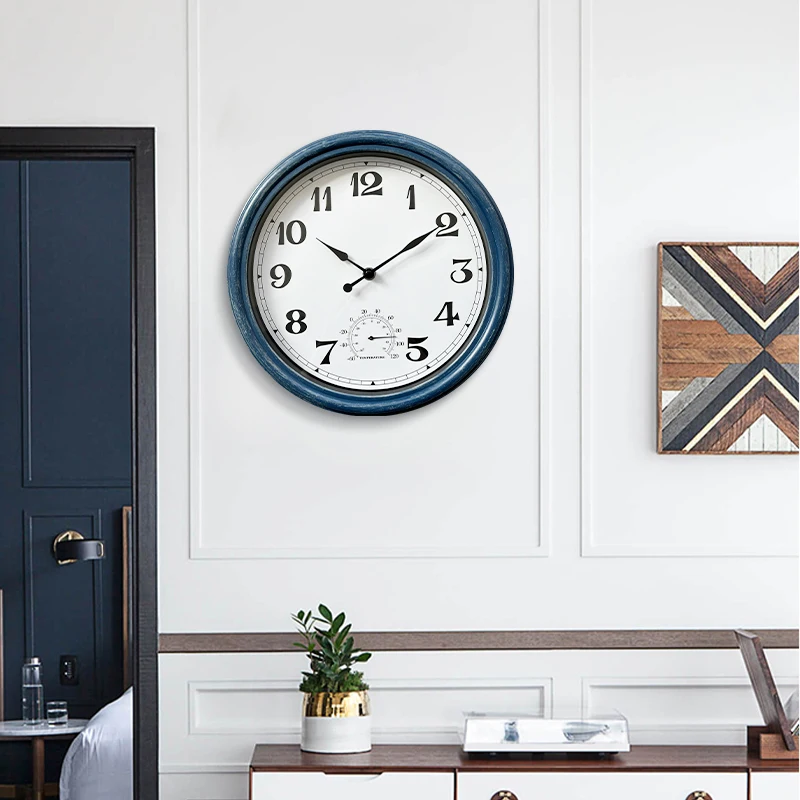 Custom Vintage Round Silent Quartz Retro Waterproof Wall Clock with Thermometer Outdoor Plastic Old CLOCK Manufacturer