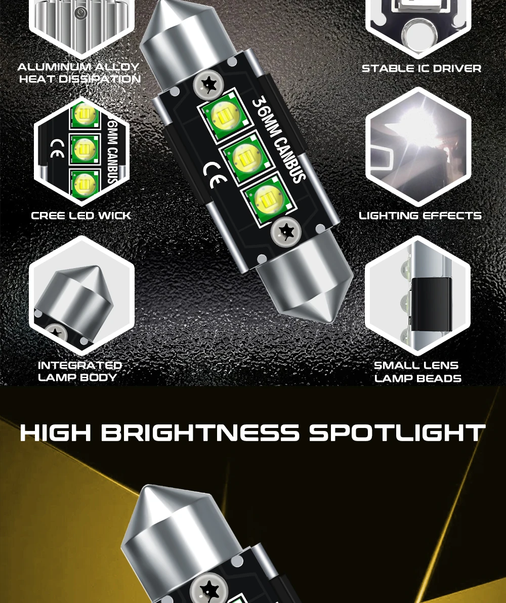 TECH-KING LED Double tip CREES 3smd 31mm 36mm 39mm 41mm DC12V White Light For Auto Lighting System Reading License plate light