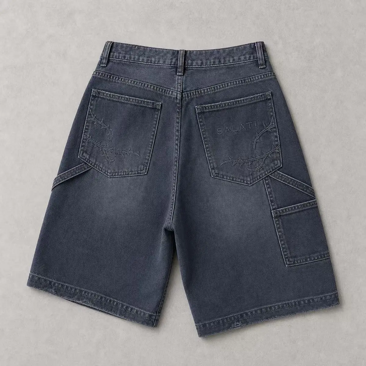 Custom Men's High Waist Casual Streetwear Denim Shorts Ripped Distressed Wash Baggy Loose Fit Raw Hem Sun Embroidery Crystal gallery 2