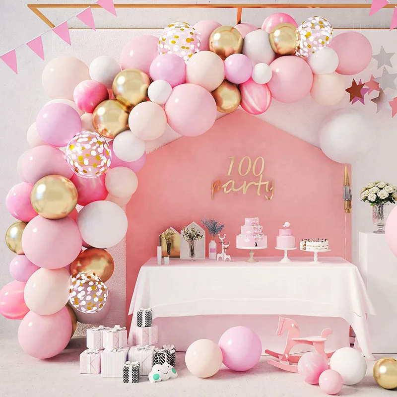 132 globos rosados de puntada para decoración de arco de guirnalda, globos  de Mylar para niñas y niños, suministros de fiesta de cumpleaños