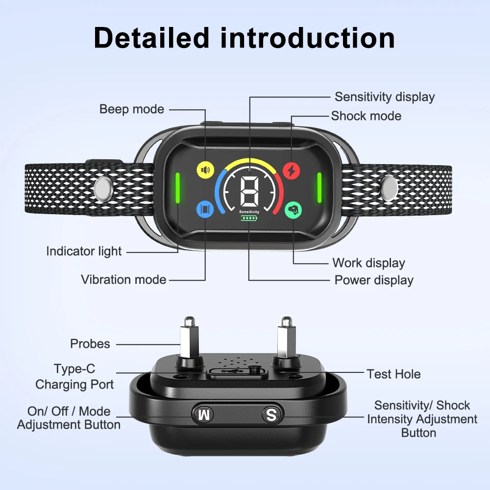 TIZE New Product Patent Design Smart  Dog Anti Bark Collar Vibration Anti-bark Collar with Color Screen