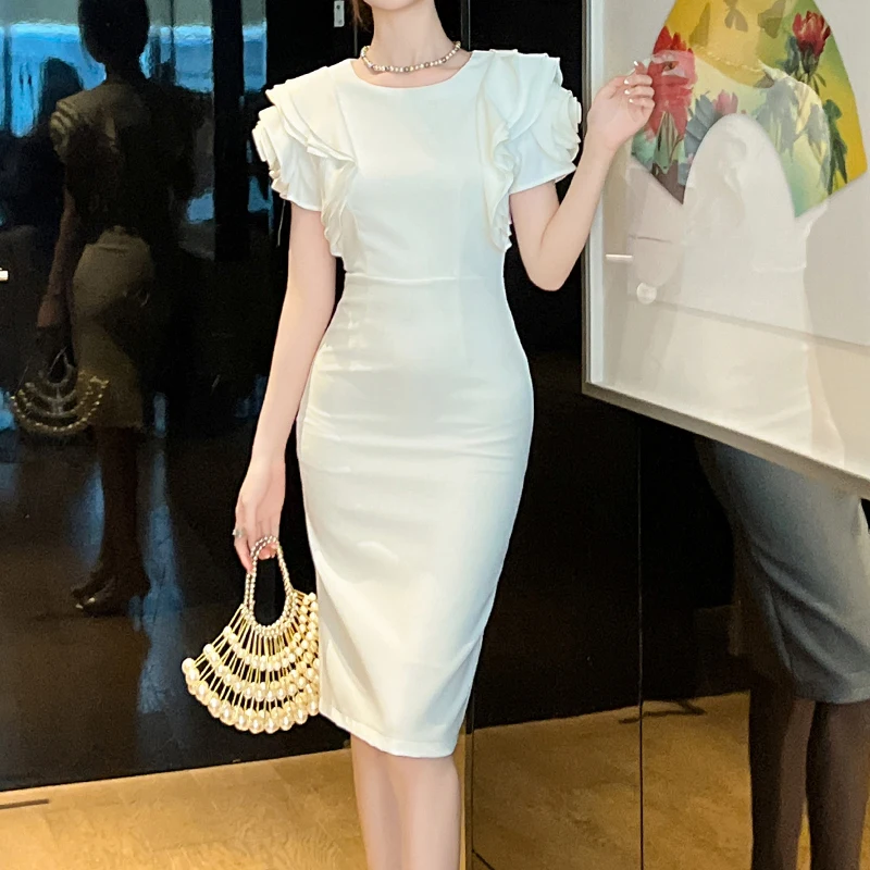 ZYHT 9830 Elegant Women's Pencil Knee Length Party Dress New Solid Color Ruffle Short Sleeves Neck Slim Natural Waistline Dress