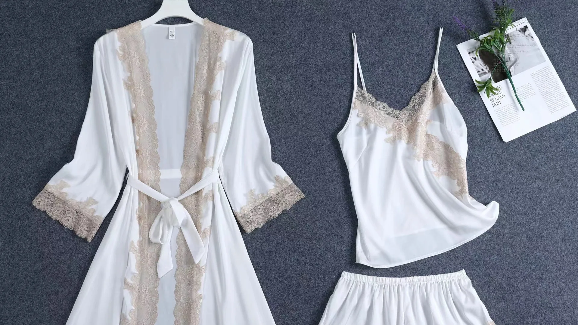 Two Pieces Short Lace Homewear Sets Silk Satin Sexy Nighty