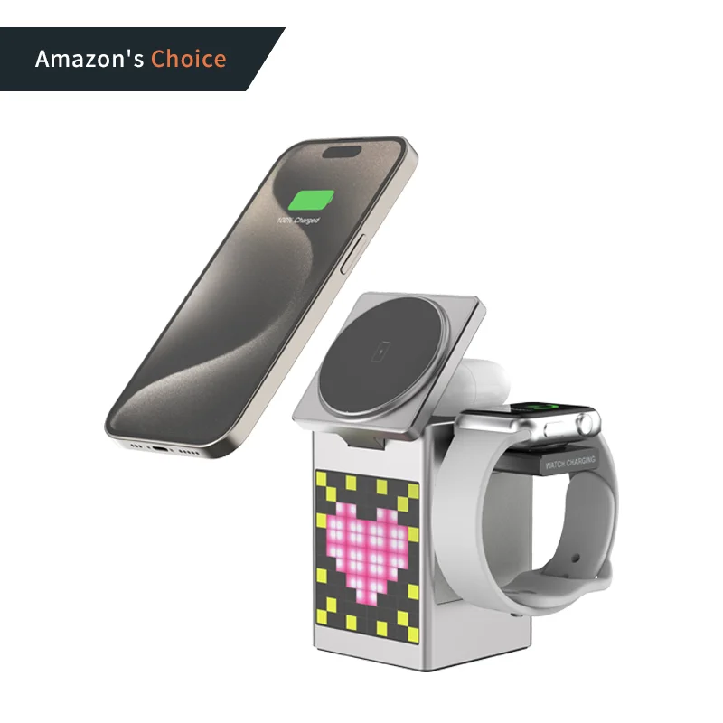 High End Multifunction BT5.3 Speaker Alarm Clock Pixel Animation 6 in 1 Magnetic Wireless Charger for Phone Smart Watch Earphone