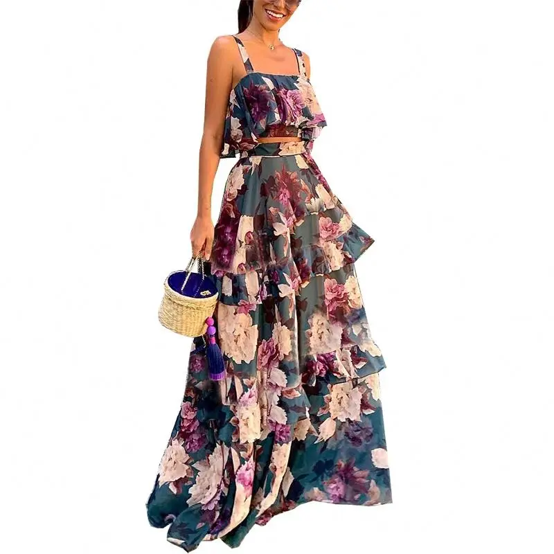 New Fashion Wholesale Women 2 Piece Set Dresses Beach Vacation Floral Printed Women's Clothing Party Sexy Long Maxi Skirt Dress New Fashion Wholesale Women 2 Piece Set Dresses Beach Vacation Floral Printed Women's Clothing Party Sexy Long Maxi Skirt Dress