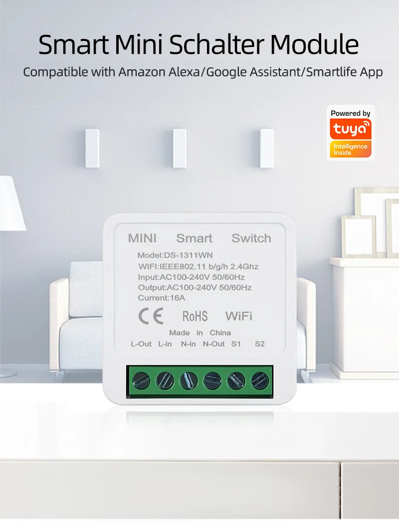 16A Tuya WiFi Smart Switch 2-way Control Switch Mini Smart Breaker Smart Life Control Work With Alexa Google Home Alice