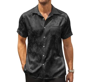 Men's 100% Pure  Silk Shirt Short Sleeve Jacquard Silk Buttoned Shirt