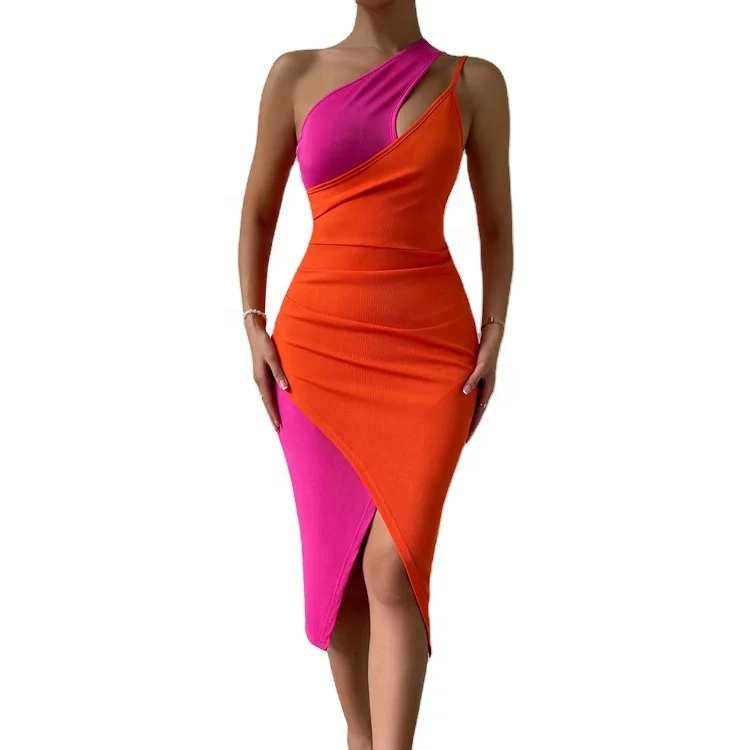 Fashion Two Tone Cut Out One Shoulder Asymmetrical Hem Dresses Sexy Party  Dress