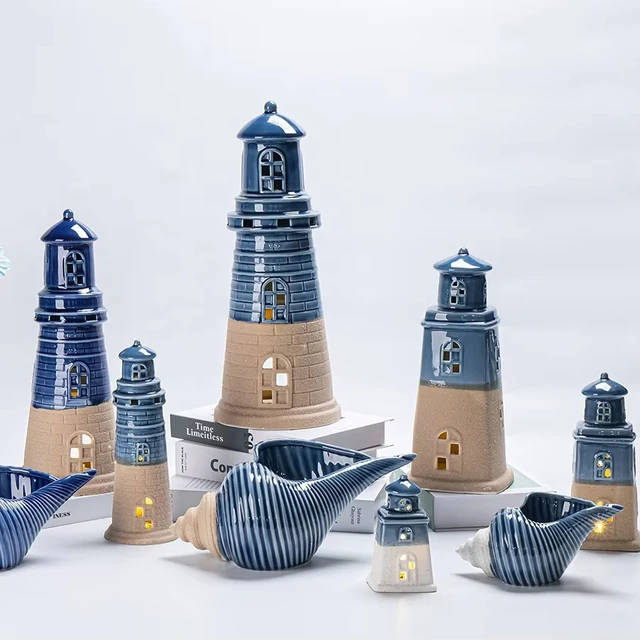 Mediterranean Style LED Lighthouse ceramic Figurine Nostalgic Ornaments Ocean Anchor for Home Desk Room