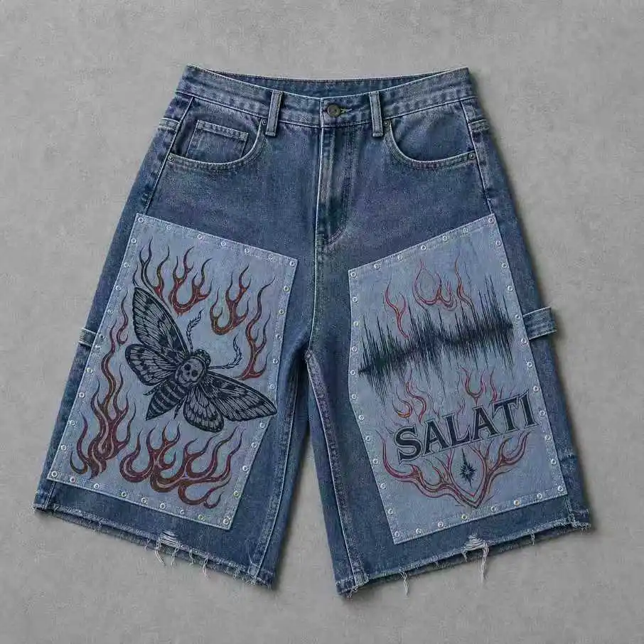 Wholesale Blue Washed Baggy Jorts Moth Flame Graphic Patchwork Rivet Wide Leg Raw Hem Streetwear Fashion Men Denim Shorts