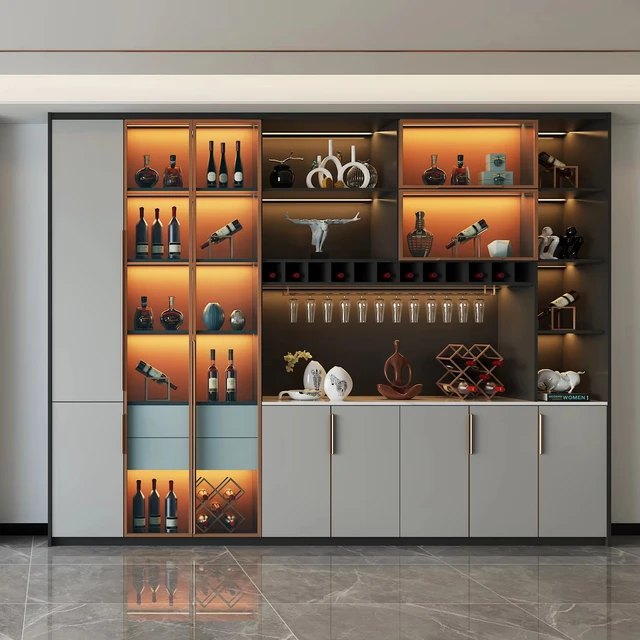 Customized Modern Wood Bar Cabinet with LED Lights & Glass Door Wine Rack Kabinet Wain Wijnkoeler Szafka Na Wino Mueble De Vino
