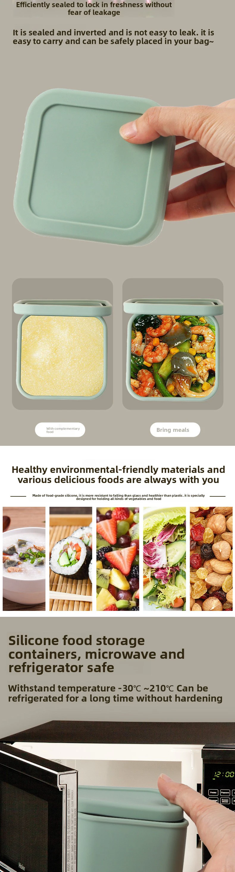 Simple Square Thickened Silicone Lunch Box for Office or School Use Microwave Food Storage with Sealed Fresh-Keeping details