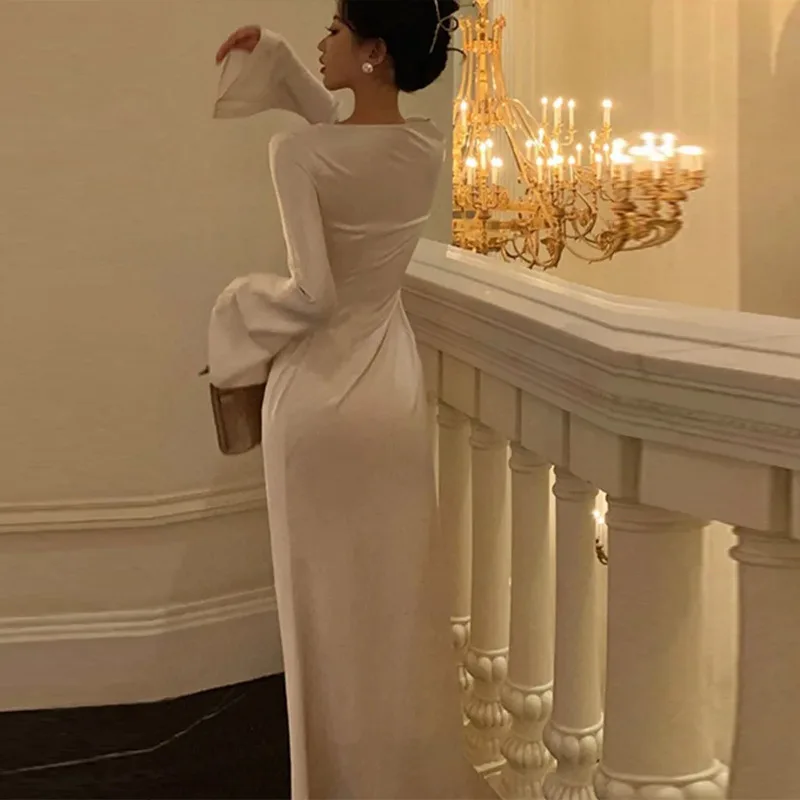1406 Round Neck Fish Tail Flare Sleeve Clothing Casual Dresses for Party  Women Long Dress Evening Wear Elegant Wedding Plus Size