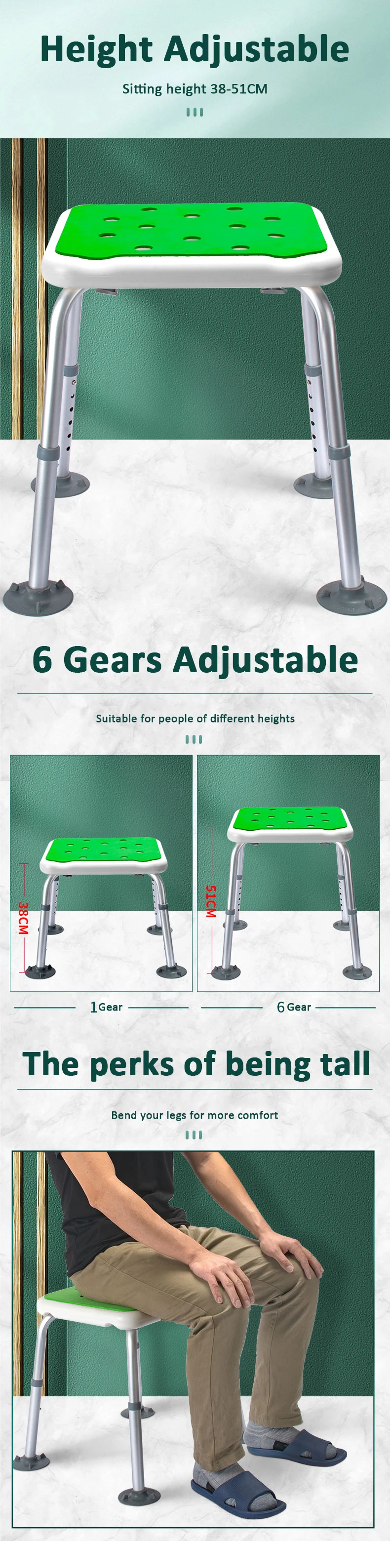 Aluminium adjustable shower bath chair stool non-slip bath chair stool cushion supplier