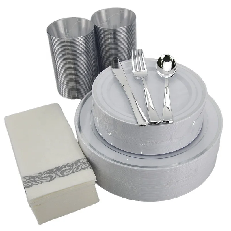Plastic Gold Tableware Dinnerware Combo Disposable Plates Cutlery Cups Napkin