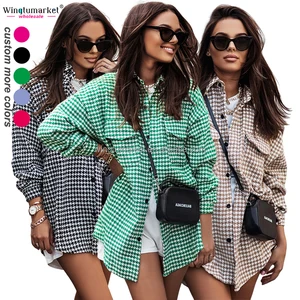 Fall Winter Tweed Jacket Ladies Lapel Button Down Pocketed Outdoor Coats Houndstooth Plaid Shackets Jacket for Women