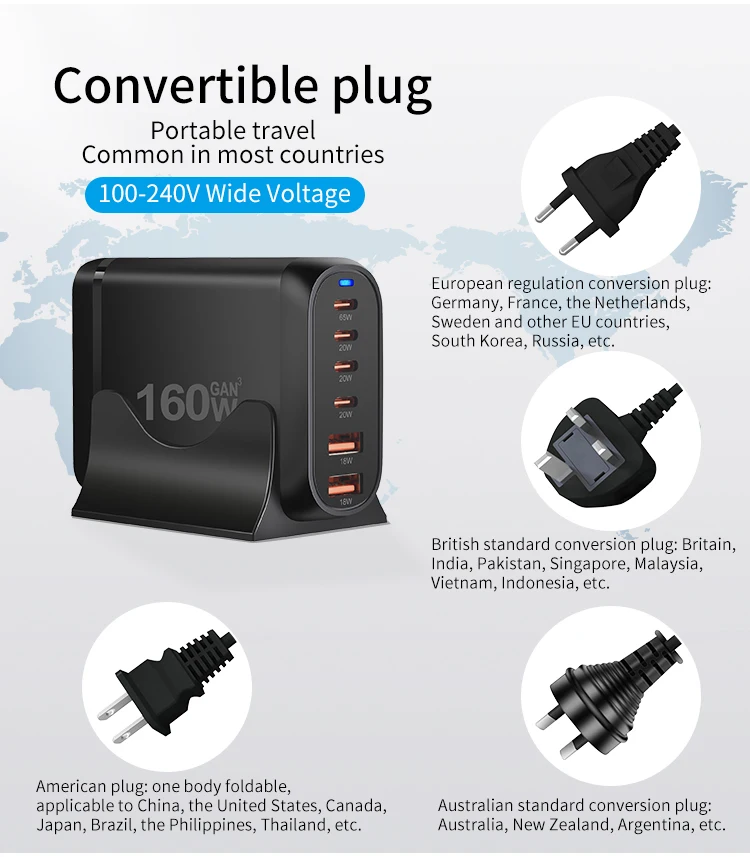 160W USB C充电器C型PD 65W GaN快速充电4 usb-c + 2 usb-a 6端口台式充电器站,用于手机平板电脑和笔记本电脑
