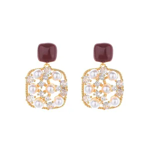 High-end Trendy Sparkling Zircon Pearl Earrings for Women Elegant Ancola Red Enamel Studs Versatile