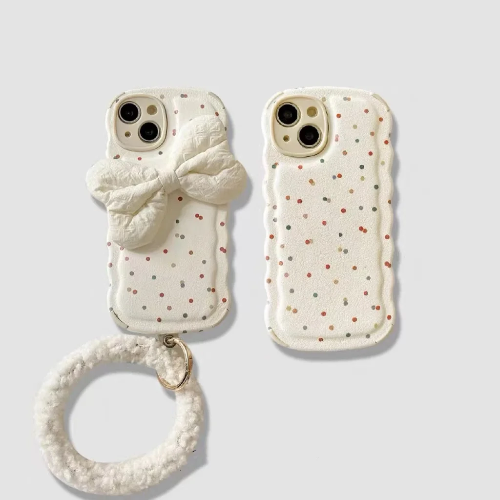 Ins Design Sweet Japanese and Korean Style Colorful Wave Dot Stereoscopic  Bowknot with Hand Strap Case for IPhone16 15 14