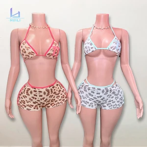 Swimwear Manufacturer Custom Swimsuits Women Two Piece Lace-up Beachwear Print Design Halter Triangle Leopard Bikini Shorts Set
