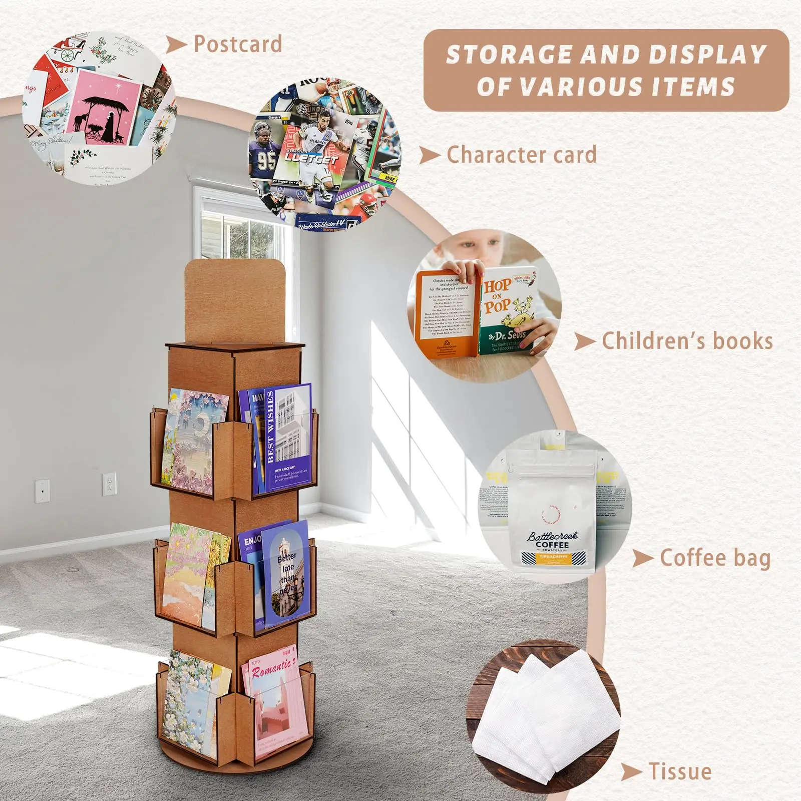 Rotating Wooden Display Rack With Two Card Sticker For Greeting Card ...